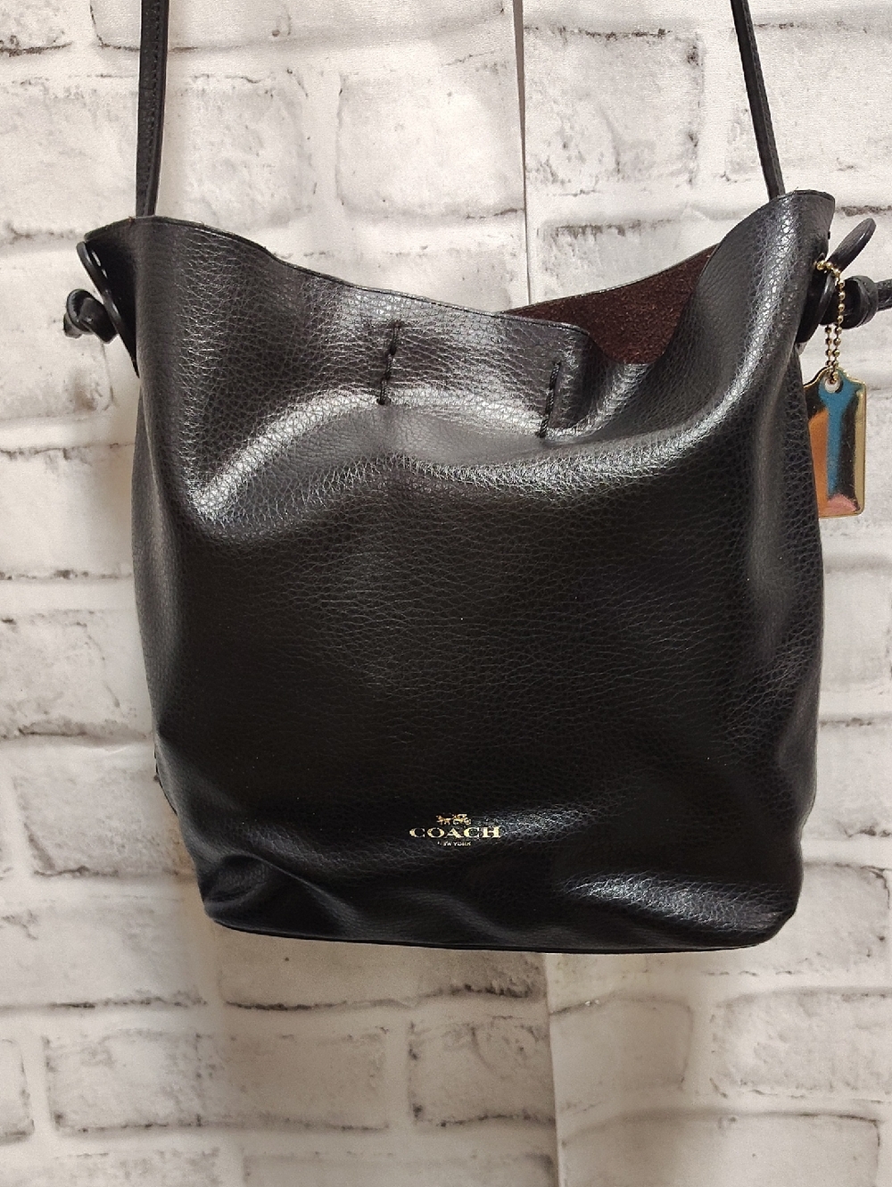 Coach Black Pebbled Leather Crossbody Bucket Bag with Gold Tag